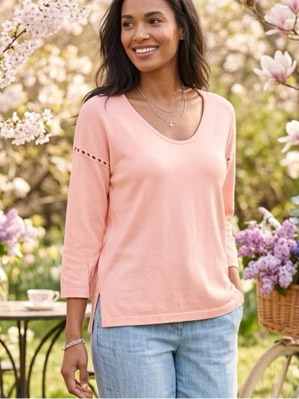 JEANNE PIERRE Cottagecore Blush Pink V-Neck Knit Spring Sweater size large‎